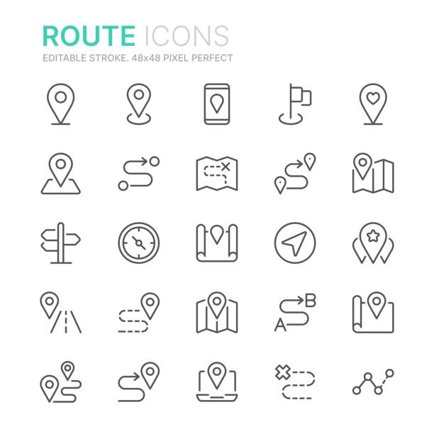 경로 관련 된 라인 아이콘의 컬렉션입니다. 48x48 픽셀 완벽 한. 편집 가능한 스트로크 - transportation symbol computer icon icon set stock illustrations