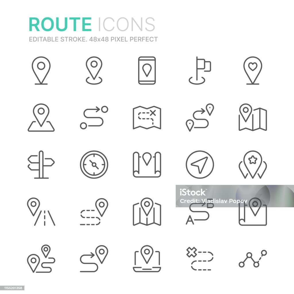 Collection of route related line icons. 48x48 Pixel Perfect. Editable stroke Icon stock vector