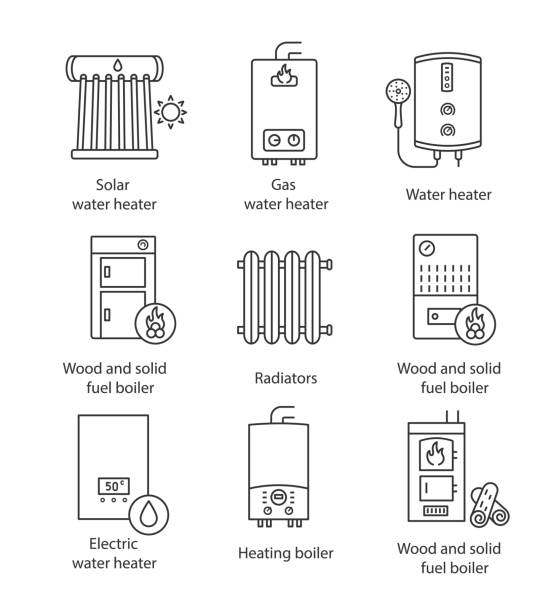 Heating icons Heating linear icons set. Boilers, radiators, water heaters. Gas, electric, solid fuel, pellet, solar boilers. Editable stroke solar heater stock illustrations