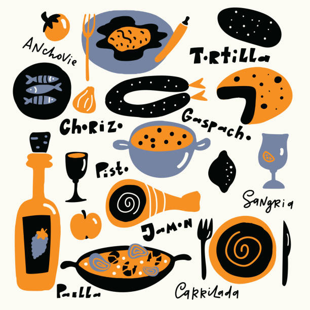 spanisches essen. handgezeichnete illustration mit den namen der nahrung, beschriftung, in vektor. - spanisches essen stock-grafiken, -clipart, -cartoons und -symbole
