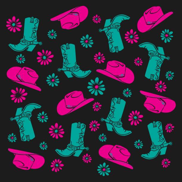 ilustraciones, imágenes clip art, dibujos animados e iconos de stock de elemento cowgirl patrón en rosa y turquesa - horseshoe backgrounds seamless vector