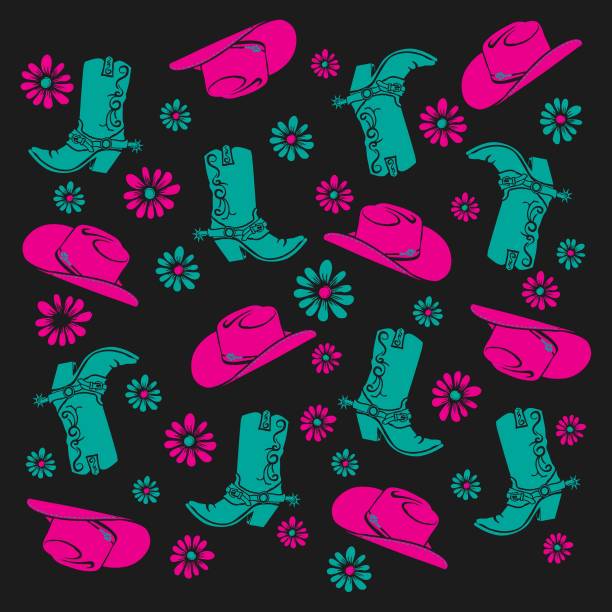 Cowgirl element Pattern in Pink and turquoise Pattern with cowgirl elements for textile prints officer boots stock illustrations