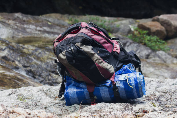 istock The old bag is placed on the stone floor. 1155203801