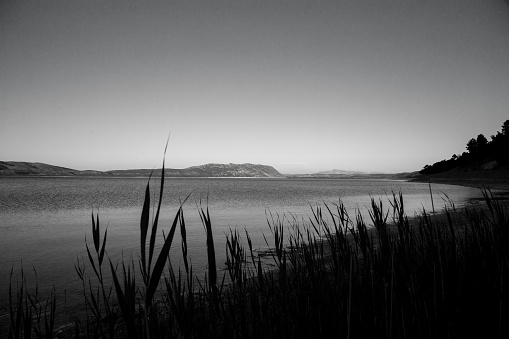 Salda Lake in Burdur Province, Turkey. Black and white photo.