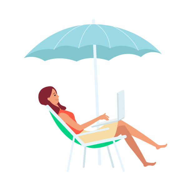 Woman with laptop sitting in lounge chair under umbrella cartoon style Woman with laptop sitting in lounge chair under umbrella cartoon style, vector illustration isolated on white background. Freelance girl working on computer on the beach girls laying on beach stock illustrations