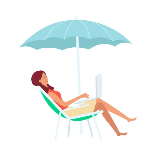 Vector illustration of Woman with laptop sitting in lounge chair under umbrella cartoon style