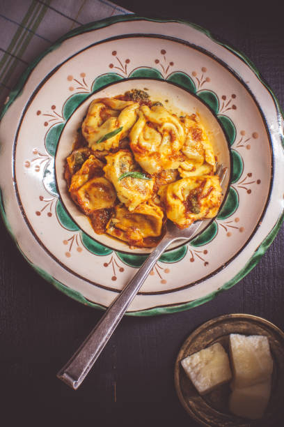istock Tortellini with Tomato Sauce, Mozzarella Cheese and Basil on Rustic Plate 1155206688