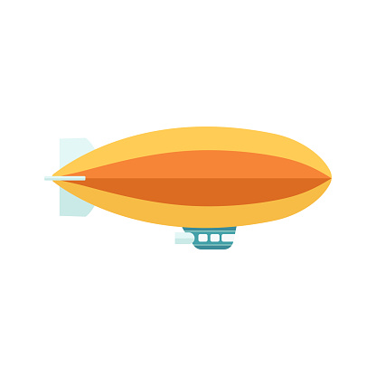 Vintage baloon with basket zeppelin aircraft in the flight. Retro air dirigible journey flat vector illustration isolated on white background.