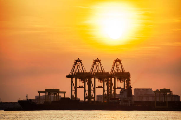 istock Crane for shipping container carrier with sunrise background 1155210745