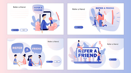 Refer a friend concept. Screen template for mobile smart phone, landing page, template, ui, web, mobile app, poster, banner, flyer. Flat style. Vector illustration