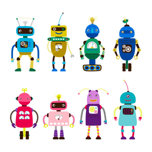 Robots for girls and boys vector isolated on white background Robots for girls and boys vector isolated on white background. Robot girl toy, character robo boy electronic illustration cartoon robot images stock illustrations