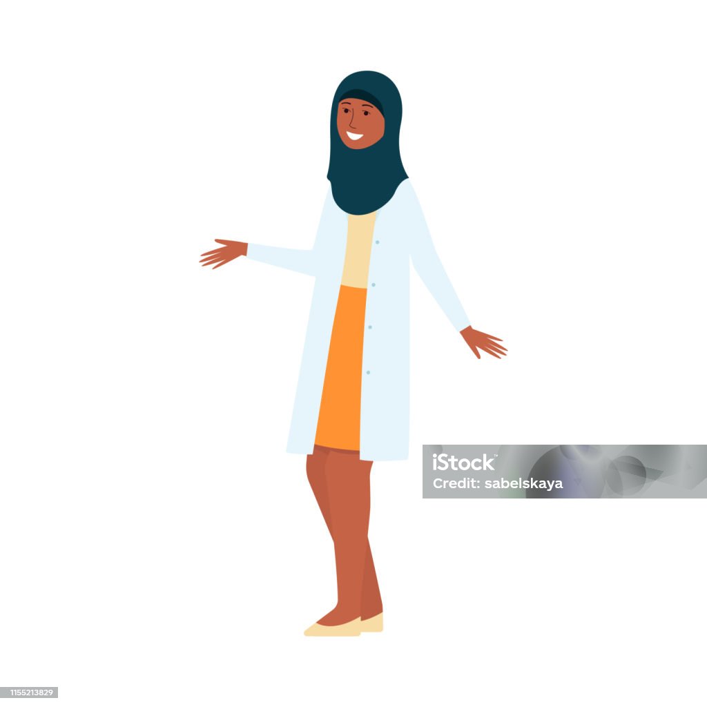 Cartoon woman doctor in medical uniform and Muslim hijab smiling and waving Cartoon woman doctor in medical uniform and Muslim hijab smiling and waving, friendly female character in hospital, health care specialist, isolated hand drawn vector illustration on white background Hijab stock vector