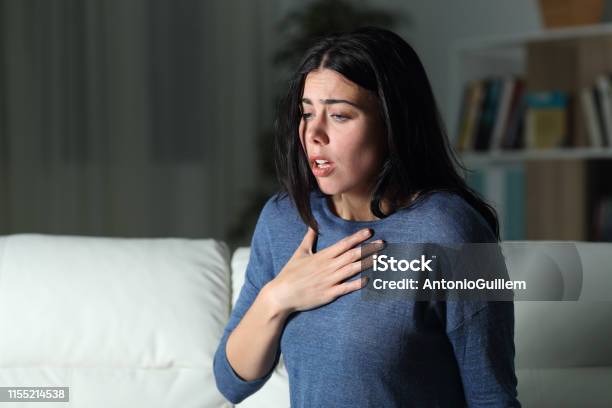 Woman Suffering An Anxiety Attack Alone In The Night Stock Photo - Download Image Now