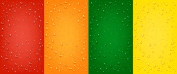 ilustrações de stock, clip art, desenhos animados e ícones de set of liquid realistic 3d water drops on red, orange, yellow, green backgrounds. - water bubble drop splashing