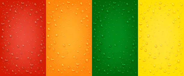 Vector illustration of Set of liquid realistic 3d water drops on red, orange, yellow, green backgrounds.