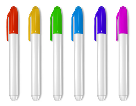 Whiteboard markers collection. Markers of different colors, consumables for home and office. Back to school. In a realistic style. Set of icons. Isolated on a white background. Vector illustration.