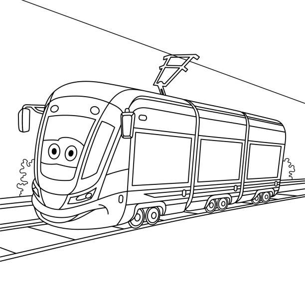 Coloring page of cartoon trolley car on railroad Coloring page of cartoon tram. Electric trolley car on railroad. Coloring book design for kids. clip art of how to draw a train stock illustrations
