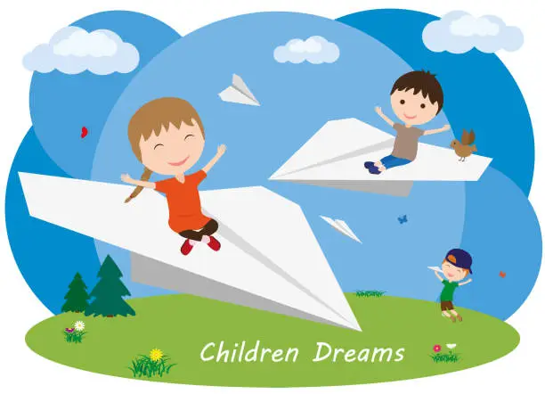 Vector illustration of Children fly on paper airplanes. Children dreams. Boy launches a paper airplane.