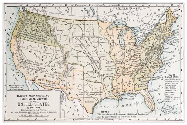 ilustrações de stock, clip art, desenhos animados e ícones de antique vintage retro usa map: the original 13 states - 1896