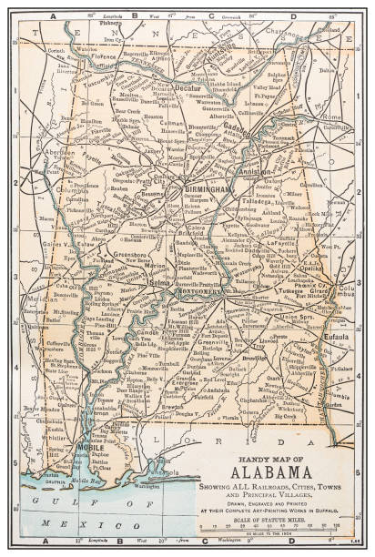 ilustrações, clipart, desenhos animados e ícones de mapa retro dos eua do vintage antigo: alabama - estados da costa do golfo