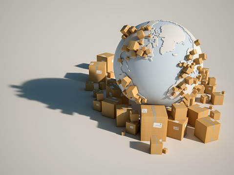 3D rendering of the earth surrounded by cardbox boxes