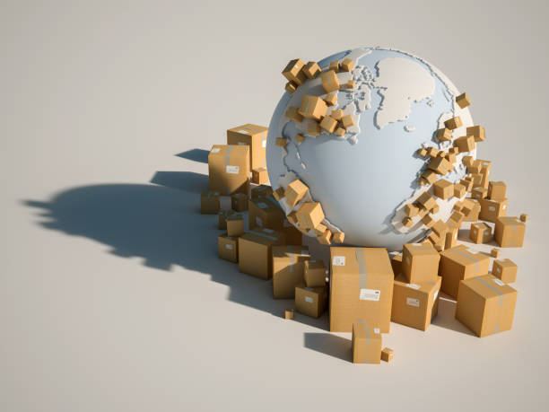 World deliveries 3D rendering of the earth surrounded by cardbox boxes move world stock pictures, royalty-free photos & images