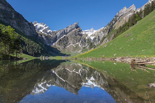 Lake Seealpsee with mountain Säntis Appenzell Alps Switzerland