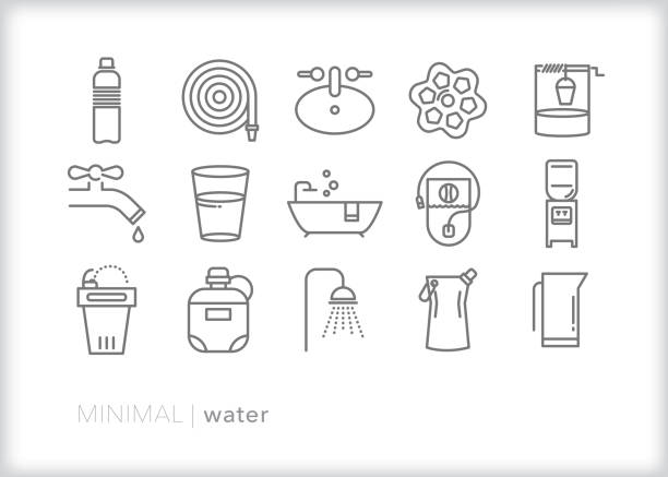 Water line icon set for cleaning and drinking Set of 15 water line icons showing the various types of water for drinking and hydration as well as water resources including hose, faucet, sink, spigot, well, glass, bathtub, fountain, shower and pitcher drinking fountain stock illustrations