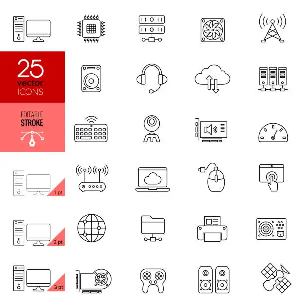 Vector illustration of Internet and Computer Hardware Icon Set. Editable Stroke.