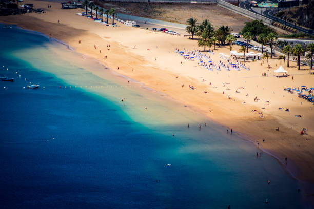 Part of beautiful and artificial Playa de Las Teresitas beach in northern part of Tenerife, Canary islands.
