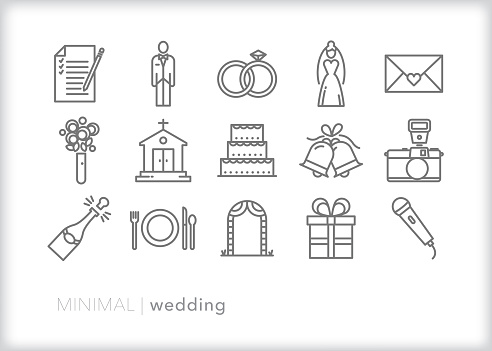 Set of 15 wedding line icons for the celebration of a new marriage, including bride, groom, church, rings, invitation, bouquet, wedding cake, bells, camera, champagne, table setting, pergola arch, registry gift and microphone