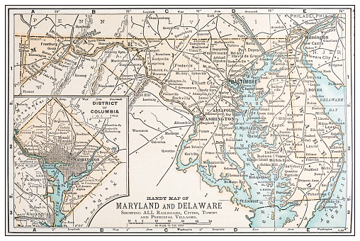 Antique vintage retro USA map: Maryland, Delaware, Washington DC