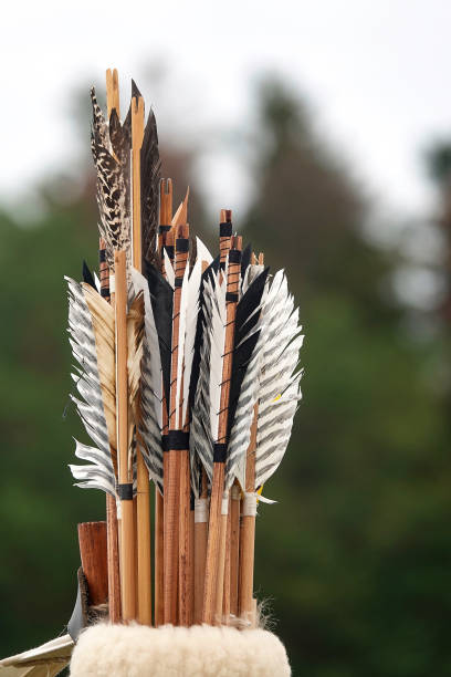 istock Medieval wooden arrows, back part with feathers 1155235954