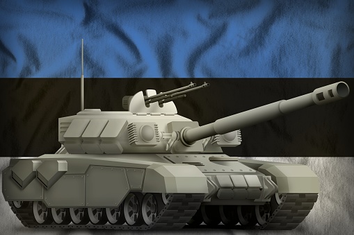heavy tank on the Estonia flag background. 3d Illustration