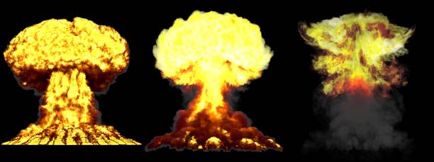 istock 3D illustration of explosion - 3 big highly detailed different phases mushroom cloud explosion of fusion bomb with smoke and fire isolated on black 1155236442