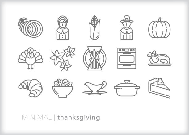 Thanksgiving line icon set Set of 15 thanksgiving holiday line icons for celebrating America's history including pilgrims, cornucopia, pumpkin, turkey, oven, corn, place setting, salad, gravy, pumpkin pie, casserole and crescent roll bread cornucopia stock illustrations