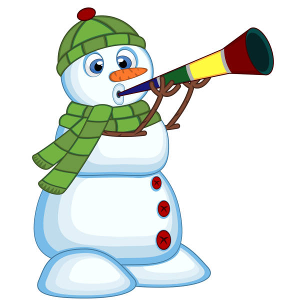 istock Snowman wearing a green head cover and a scarf  blowing horns for your design vector illustration 1155237603