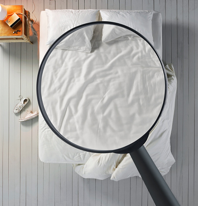 Looking at comfortable bed with magnifying glass