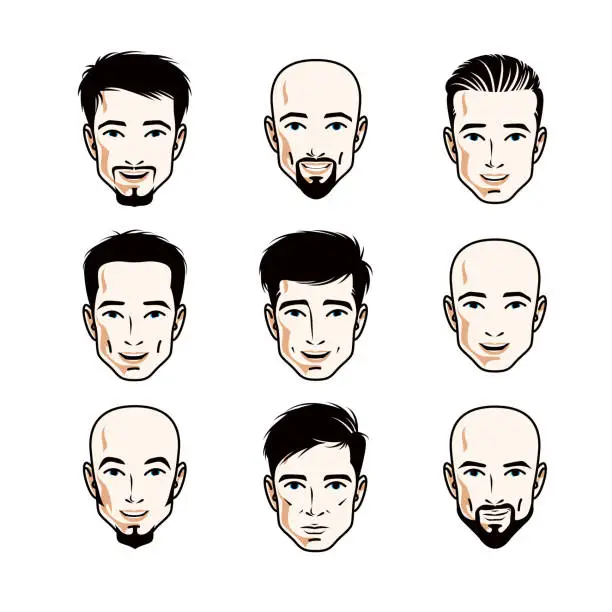 Vector illustration of Collection of Caucasian men faces expressing different emotions, vector human head illustrations.