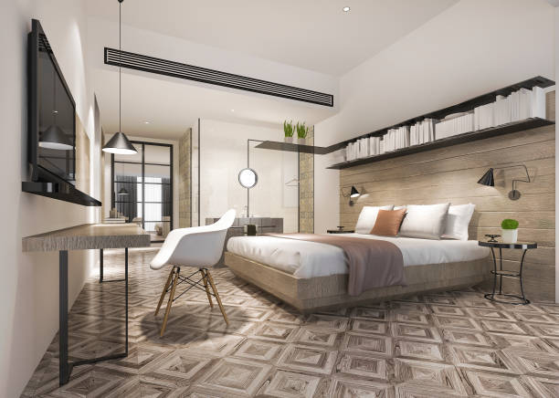 istock 3d rendering beautiful luxury bedroom suite in hotel with tv and working table 1155240391