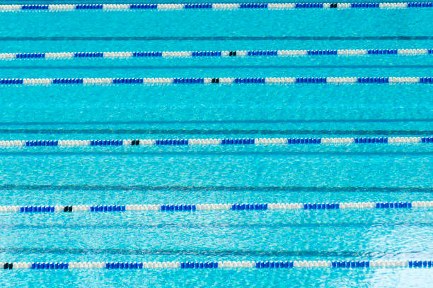 yellow, white and red buoys in the indoor pool. dividing paths in the pool for professional swimming.