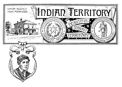 Vintage banner with emblem and landmark of Indian Territory, portrait of Sequoyah