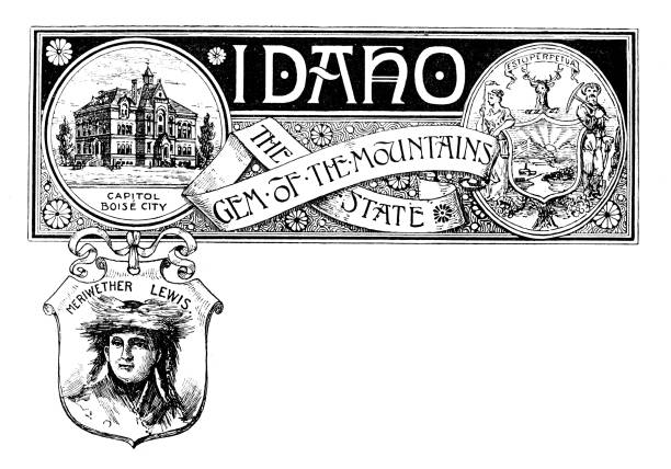 Vintage banner with emblem and landmark of Idaho, portrait of Meriwether Lewis