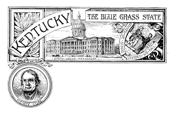 Vintage banner with emblem and landmark of Kentucky, portrait of Henry Clay Vintage banner with emblem and landmark of Kentucky, portrait of Henry Clay frankfort kentucky stock illustrations