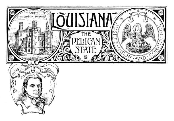 amblem ve louisiana dönüm noktası ile vintage afiş, pierre soule portresi - louisiana stock illustrations