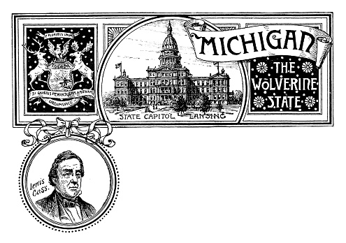 Vintage banner with emblem and landmark of Michigan, portrait of Lewis Cass