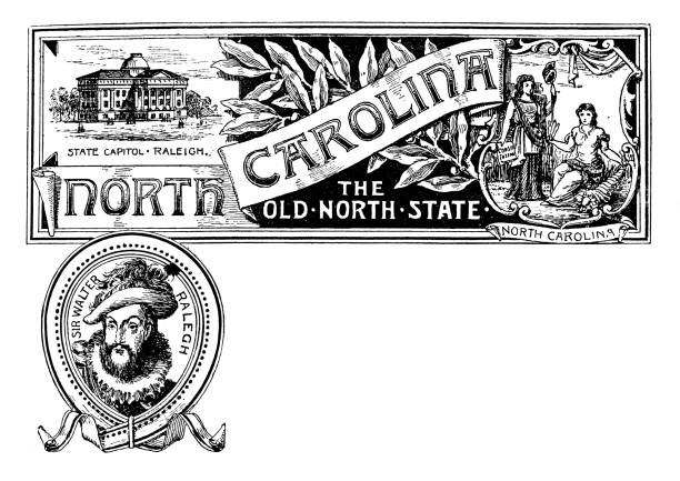 노스 캐롤라이나의 상징 및 랜드 마크와 빈티지 배너, 월터의 초상화 - 노스캐롤라이나 미국 주 stock illustrations