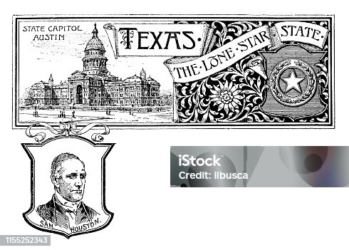 istock Vintage banner with emblem and landmark of Texas, portrait of Sam Houston 1155252343