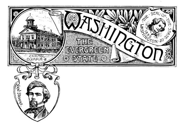Vintage banner with emblem and landmark of Washington, portrait of Stevens