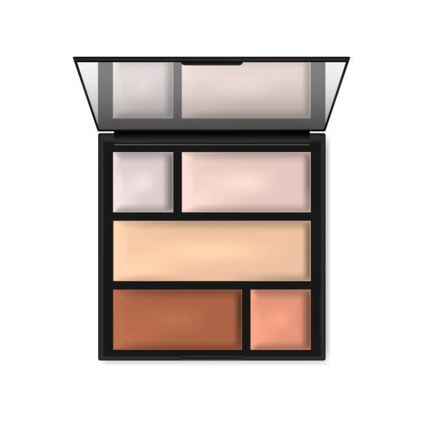 Make-up contouring palette, realistic illustration. Makeup concealer, highlighter, corrective powder kit. Open square cosmetic case with mirror - top view, vector template Make-up contouring palette, realistic illustration. Makeup concealer, highlighter, corrective powder kit. Open square cosmetic case with mirror - top view, vector template. compact mirror stock illustrations